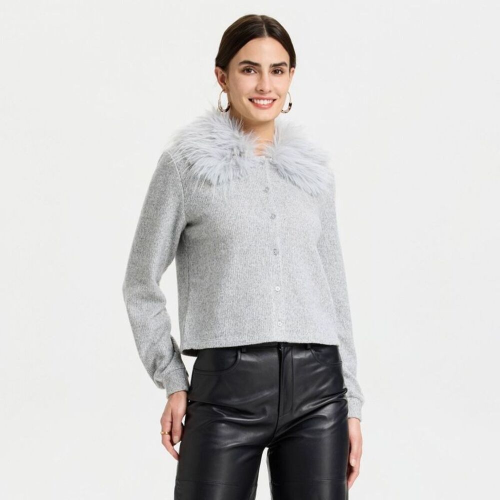 Women's Faux Fur Cardigan - A New Day Light Heather Gray XXL